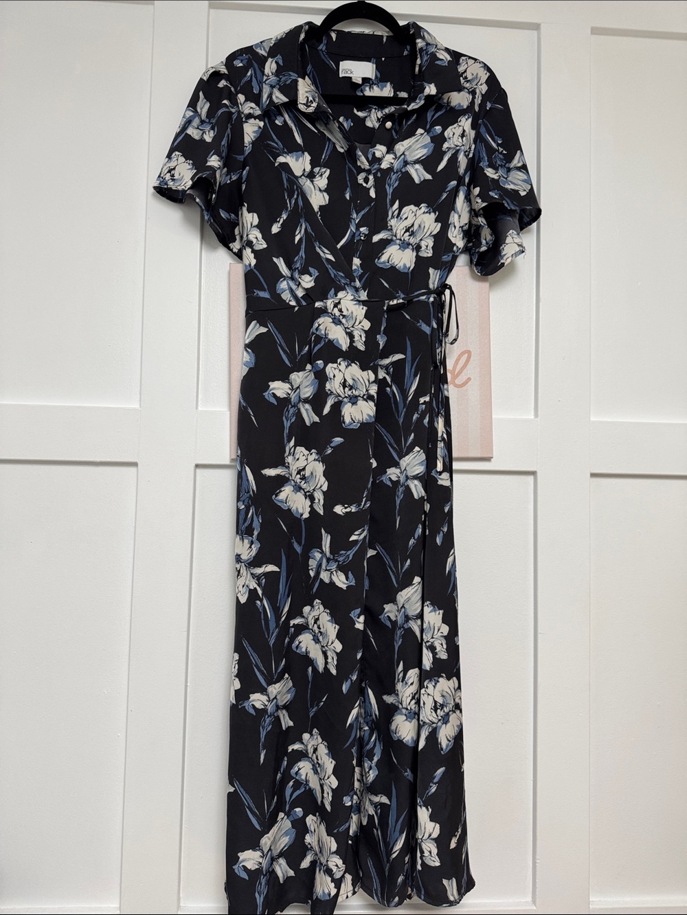 Black Floral Wrap Maxi Dress with Blue & Cream Blooms